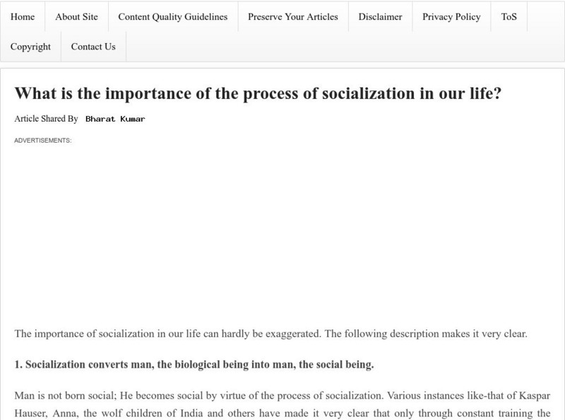 Preserve Articles: What Is Importance of Process of Socialization in Our Life? Article Preserve Articles: What Is Importance of Process of Socialization in Our Life? Article