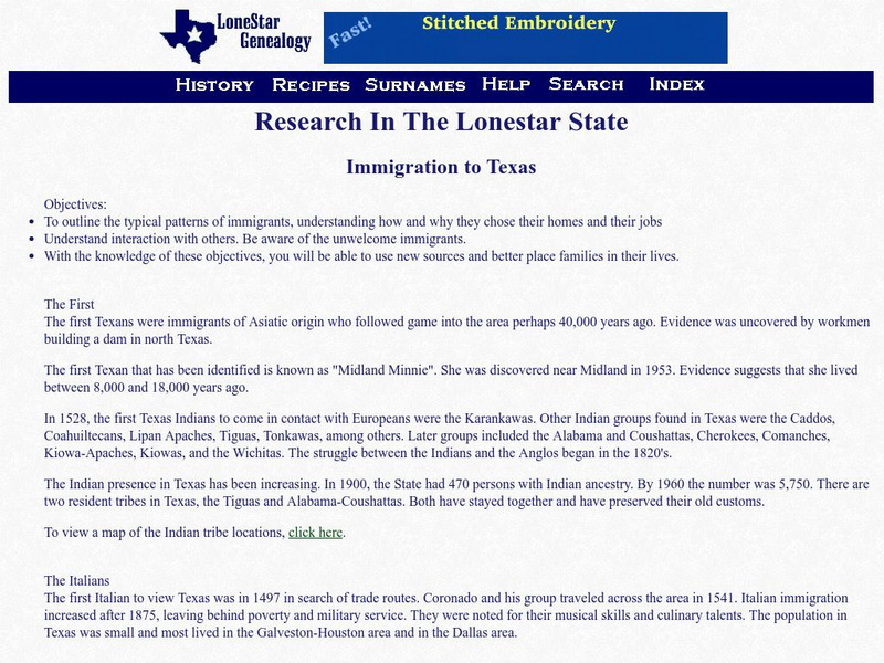 Lone Star Genealogy: Research in the Lonestar State: Immigration to Texas Handout Lone Star Genealogy: Research in the Lonestar State: Immigration to Texas Handout