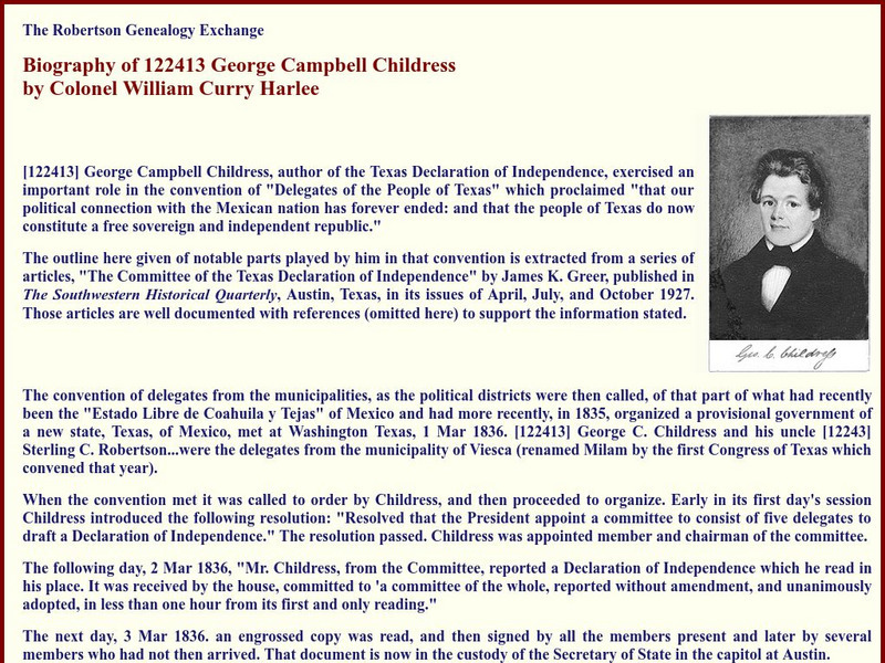 Robertson Genealogy Exchange: Biography of George Campbell Childress Article