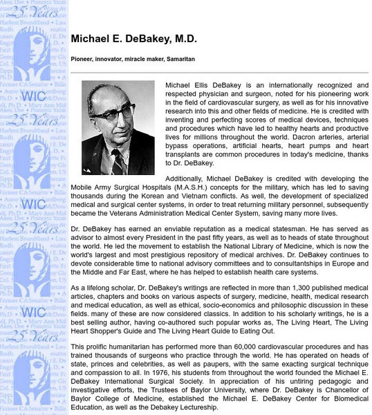 Women's International Center: Michael E. De Bakey, m.d Handout