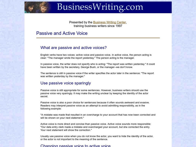 The Business Writing Center: Passive and Active Voice Activity The Business Writing Center: Passive and Active Voice Activity