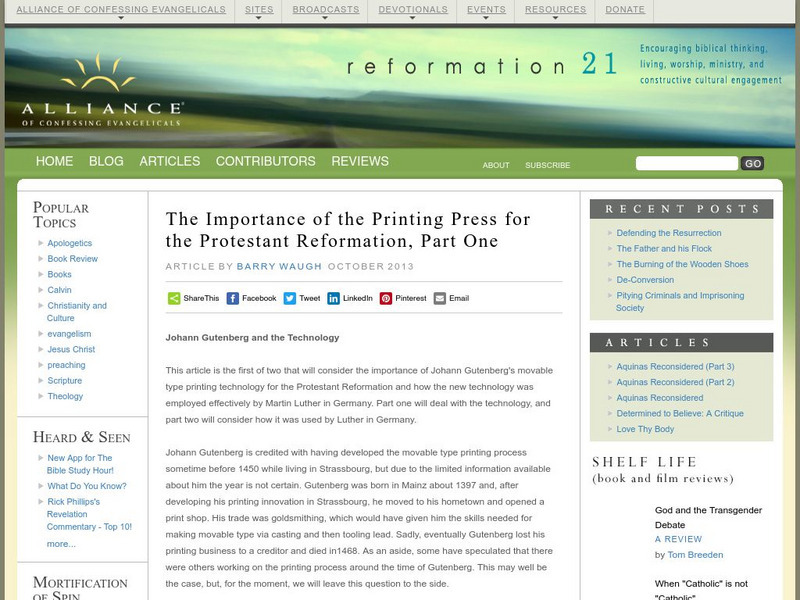 The Importance of the Printing Press for the Protestant Reformation, Part One Article The Importance of the Printing Press for the Protestant Reformation, Part One Article