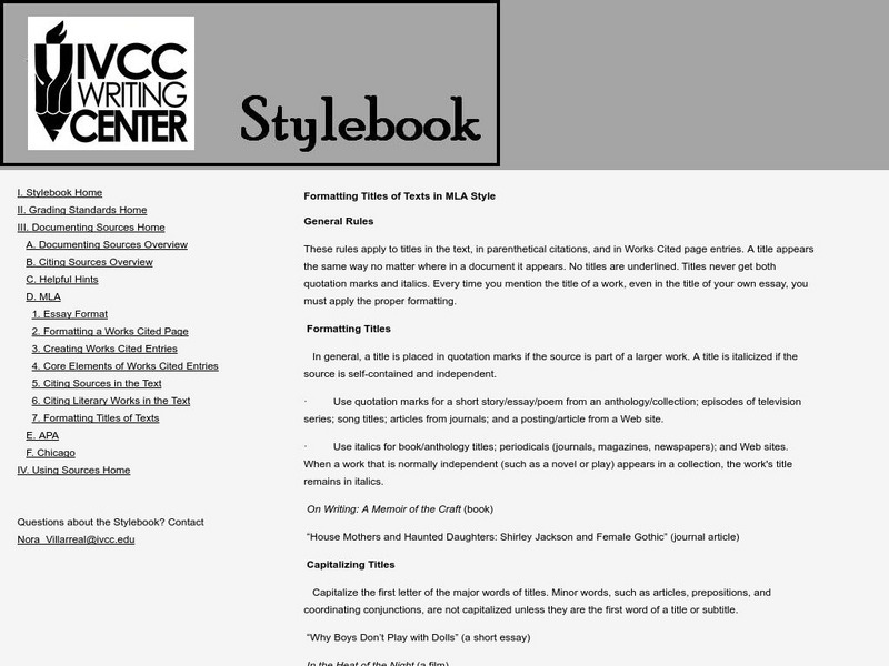 Illinois Valley Community College: Stylebook: Formatting Titles in Mla Style Handout Illinois Valley Community College: Stylebook: Formatting Titles in Mla Style Handout