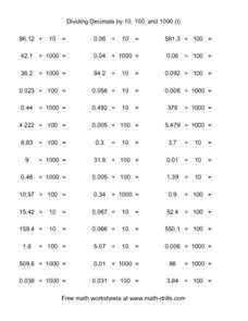 Dividing Decimals by 10, 100, and 1000 (I) 4th - 5th Grade Worksheet