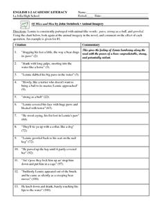 Printables Of Mice And Men Worksheets of mice and men by john steinbeck animal imagery 8th 9th grade worksheet