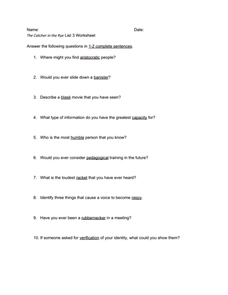 Printables Catcher In The Rye Worksheets the catcher in rye vocabulary worksheet 3 11th 12th grade worksheet