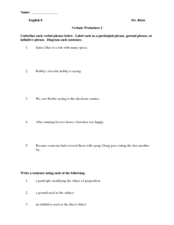 Verbals Worksheet 2 8th Grade Worksheet | Lesson Planet sentence diagram gerund 