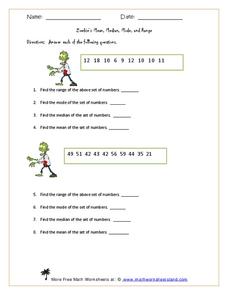 zombies mean median mode and range 6th 7th grade worksheet