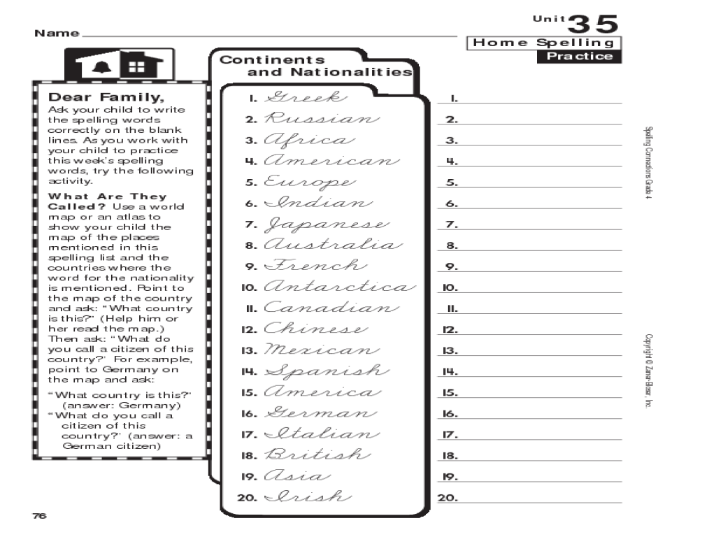 Printables Spelling Worksheets 4th Grade 4th grade spelling continents and nationalities worksheet lesson planet