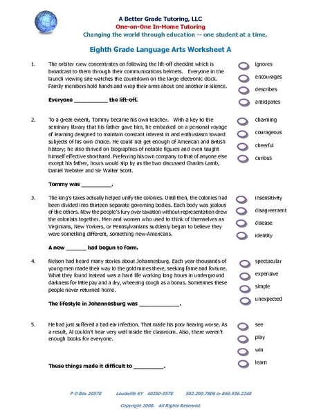 Printables 8th Grade Language Arts Worksheets a better grade tutoring eighth language arts worksheet 7th 9th lesson planet