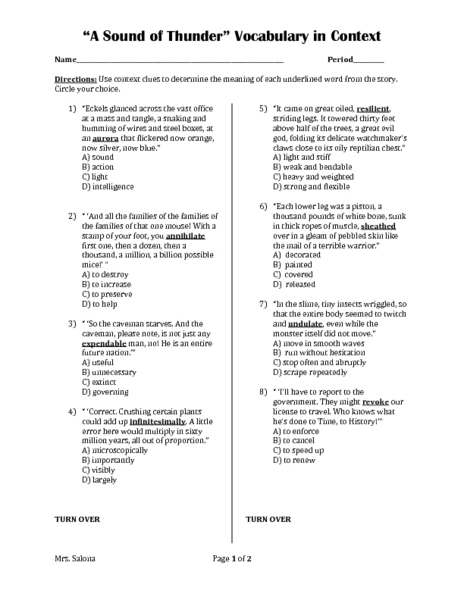 Worksheets Vocabulary In Context Worksheets a sound of thunder vocabulary in context 8th 10th grade worksheet lesson planet