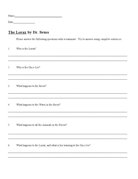 Printables The Lorax Worksheet activity sheet for the lorax by dr seuss 4th grade worksheet lesson planet