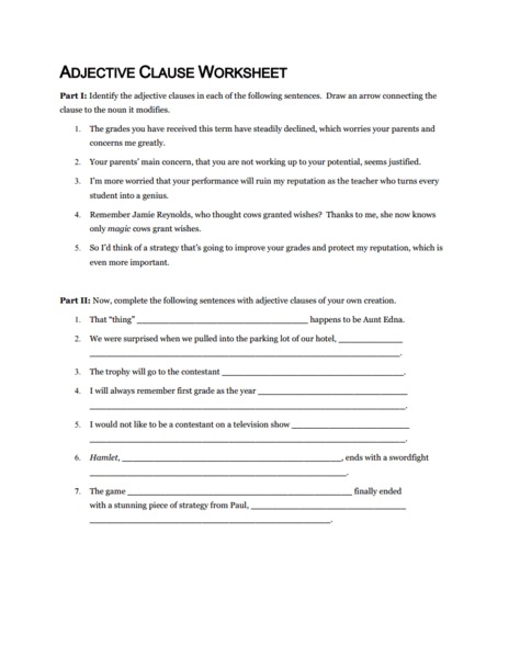 Printables Adjective Clauses Worksheet adjective clause worksheet 6th 10th grade lesson planet