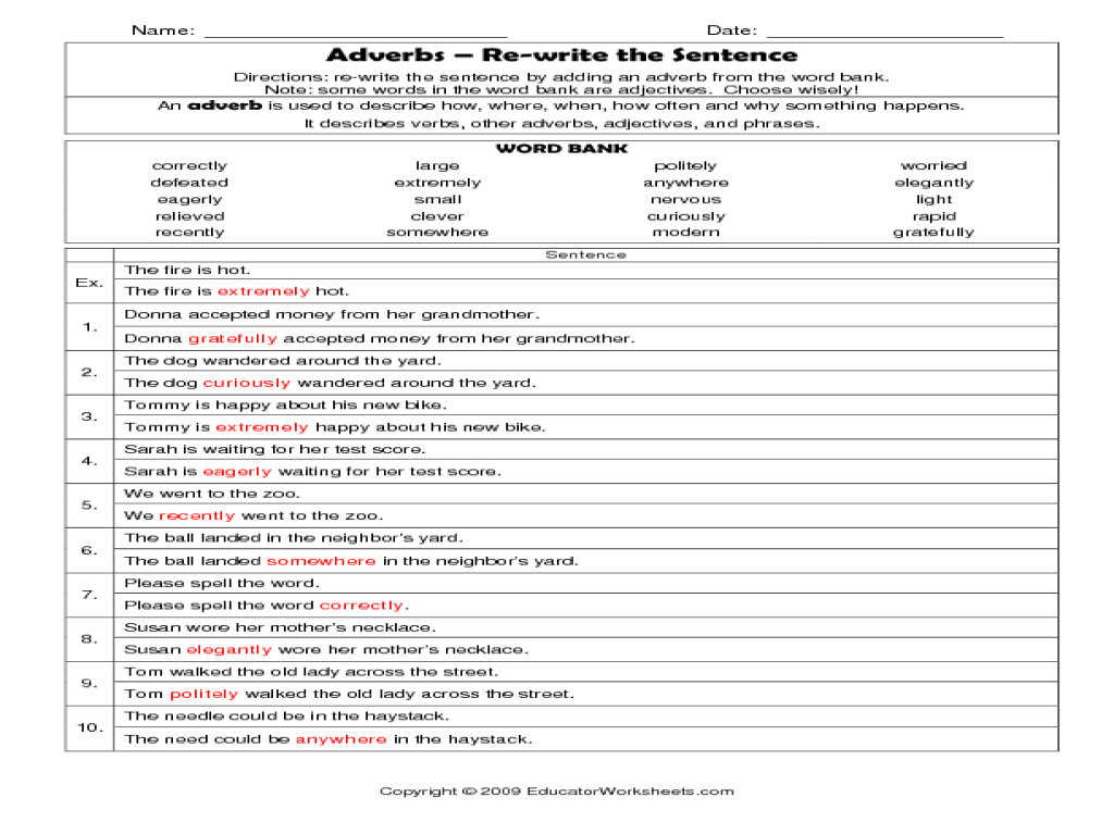 Printables Adverb Worksheets 5th Grade adverbs rewrite the sentence 5th 6th grade worksheet lesson planet