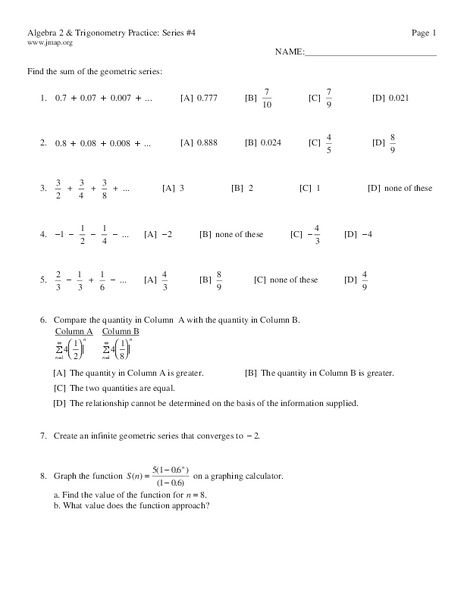 Printables Algebra 2 Trig Worksheets algebra 2 and trigonometry practice series 4 10th 12th grade worksheet lesson planet