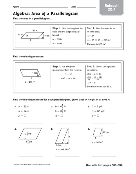 Worksheets Area Of Parallelograms Worksheet finding area parallelogram worksheets intrepidpath algebra of a reteach 20 4 6th 8th grade worksheets