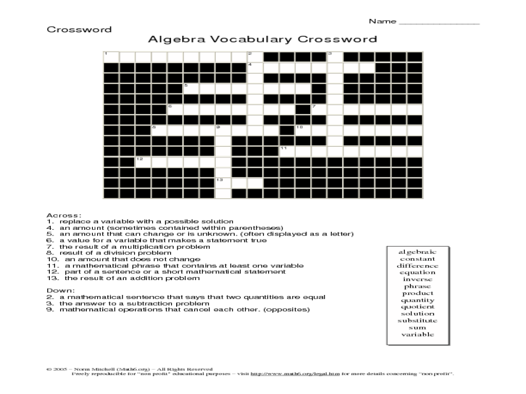 Printables Algebra Puzzle Worksheets algebra crossword puzzle worksheets intrepidpath vocabulary 5th 6th grade worksheet lesson pla puzzle
