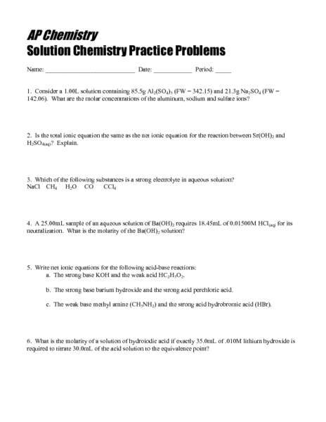 Printables Ap Chemistry Worksheets chemistry solutions worksheet davezan ap solution practice problems 10th 12th