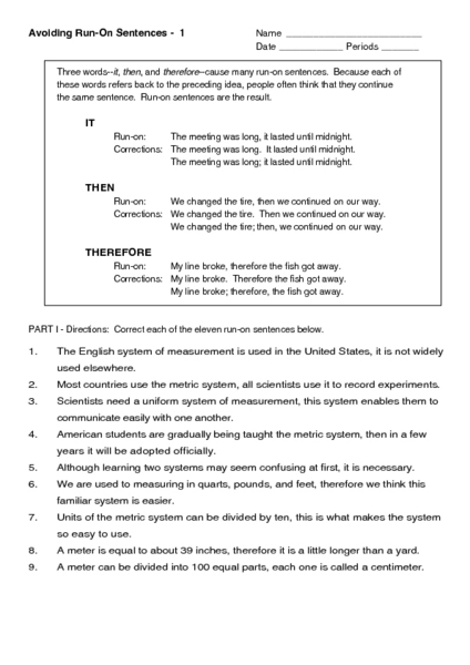 Printables Run On Sentence Worksheet avoiding run on sentences 7th 9th grade worksheet lesson planet