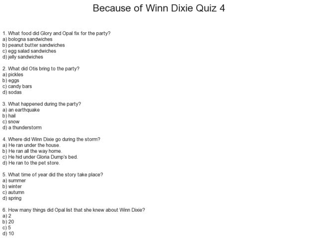 Printables Because Of Winn Dixie Worksheets because of winn dixie quiz 4 2nd 3rd grade worksheet lesson planet
