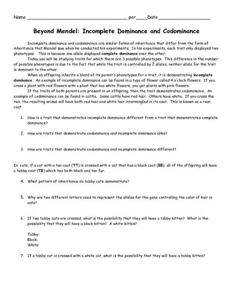 Printables Codominance And Incomplete Dominance Worksheet incomplete dominance and codominance worksheet beverly hills high beyond mendel 9th 12th 12th