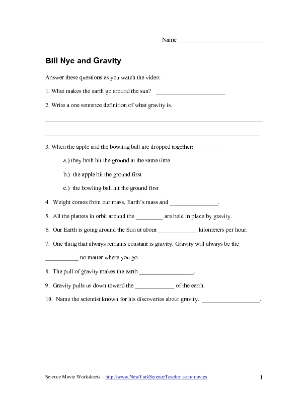 Worksheets Bill Nye Gravity Worksheet bill nye and gravity 3rd 5th grade worksheet lesson planet