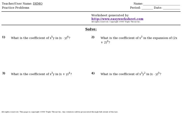 Printables Binomial Theorem Worksheet binomial expansion 9th 12th grade worksheet lesson planet