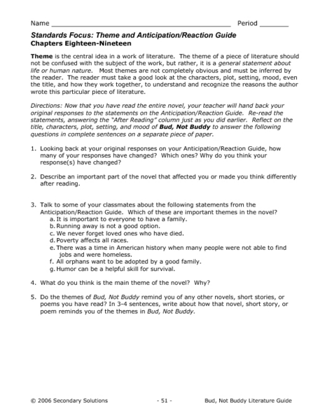 Worksheet Bud Not Buddy Worksheets bud not buddy theme and anticipationreaction guide 4th 6th grade lesson plan planet