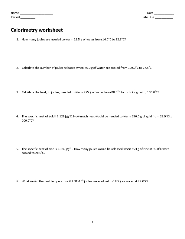 Printables Calorimetry Worksheet calorimetry worksheet 10th higher ed lesson planet