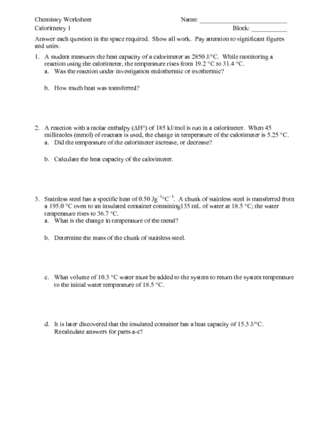 Printables Calorimetry Worksheet calorimetry 11th higher ed worksheet lesson planet