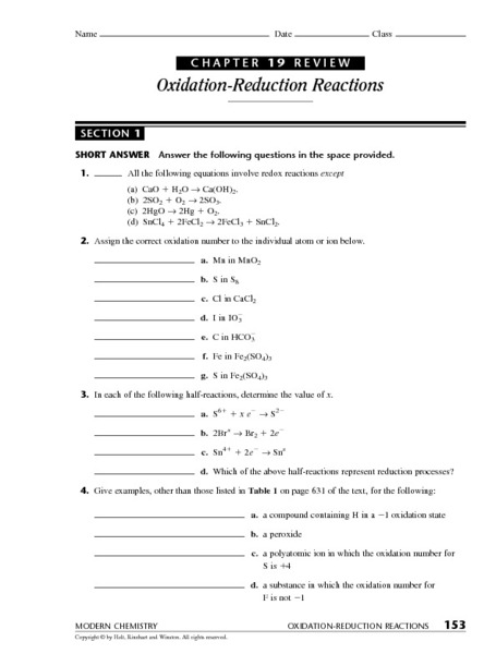 Printables Oxidation Reduction Reactions Worksheet chapter 19 review section 1 oxidation reduction reactions 9th 12th grade worksheet lesson planet