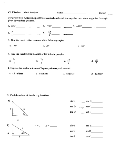 Printables Coterminal Angles Worksheet chapter 5 review math analysis angle measure 9th higher ed worksheet lesson planet
