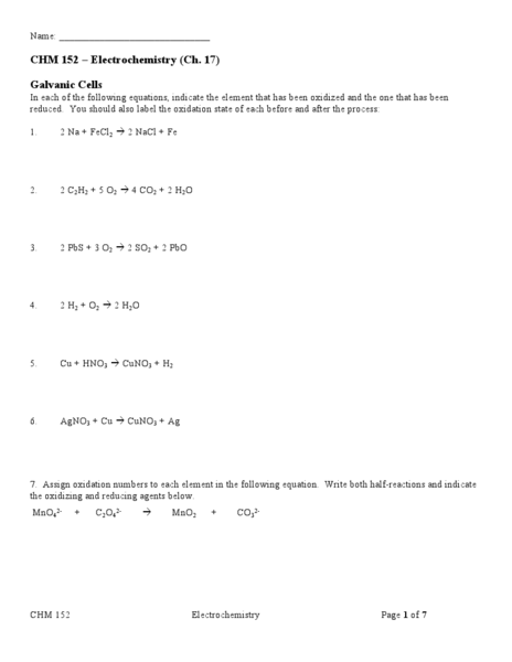 Worksheets Electrochemistry Worksheet chem 152 electrochemistry 10th 12th grade worksheet lesson planet