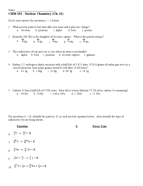 Printables Nuclear Chemistry Worksheet chem 152 nuclear chemistry higher ed worksheet lesson planet