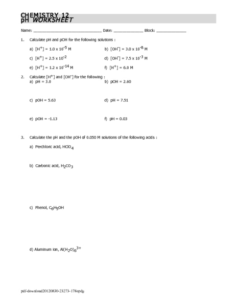 Worksheet Chemistry Worksheet Answers chemistry ph worksheet answers scale due to ph