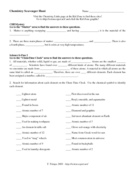 Printables Periodic Table Scavenger Hunt Worksheet chemistry scavenger hunt 10th 11th grade worksheet lesson planet
