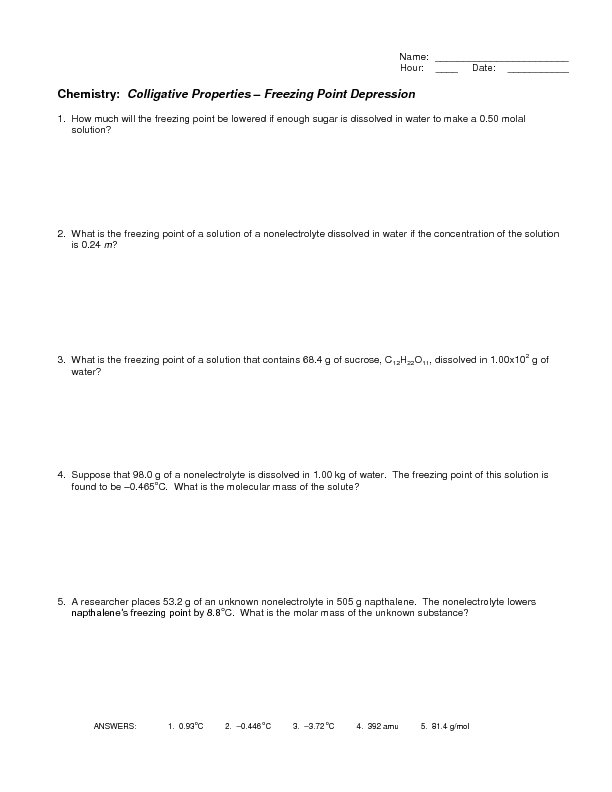 Printables Depression Worksheets colligative properties freezing point depression 10th higher ed worksheet lesson planet