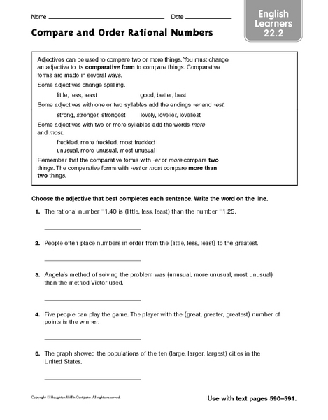 Printables Compare And Order Rational Numbers Worksheet compare and order rational numbers ell 4th 6th grade worksheet lesson planet