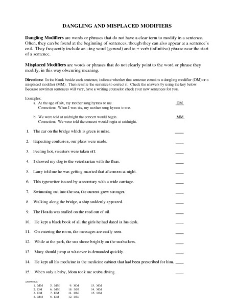 Worksheets Misplaced Modifiers Worksheet misplaced and dangling modifiers worksheet pichaglobal correcting pdf documents 7th