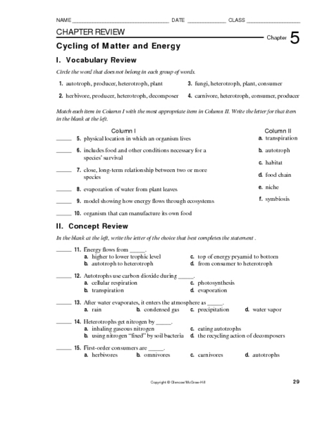 Worksheets Cycles Of Matter Worksheet cycling of matter and energy 9th 10th grade worksheet lesson planet