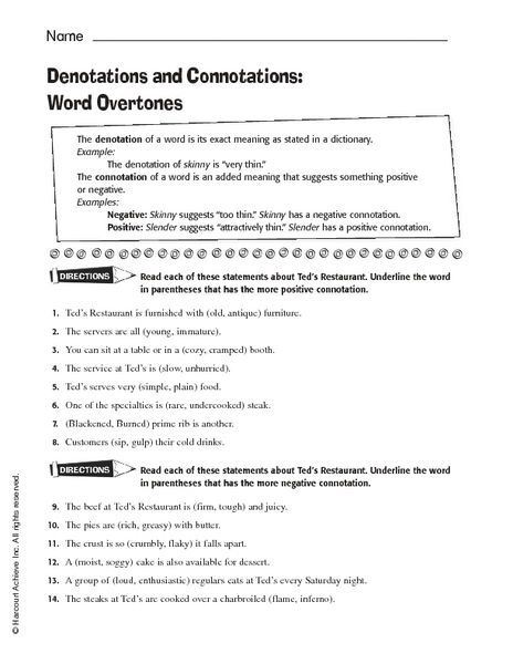Worksheets Connotation And Denotation Worksheets denotations and connotations word overtones 5th 8th grade worksheet lesson planet