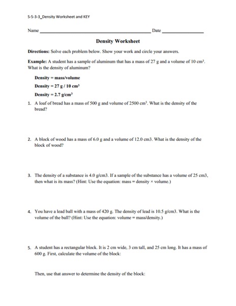 Worksheets Density Worksheet Chemistry density worksheet chemistry delibertad delibertad