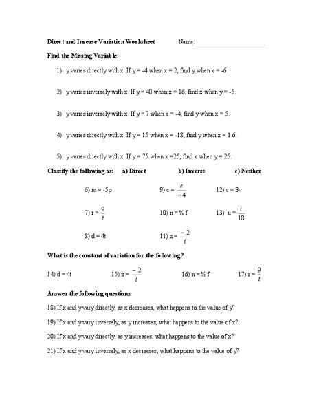 Worksheet Direct And Inverse Variation Worksheet direct and inverse variation worksheet 8th 11th grade lesson planet