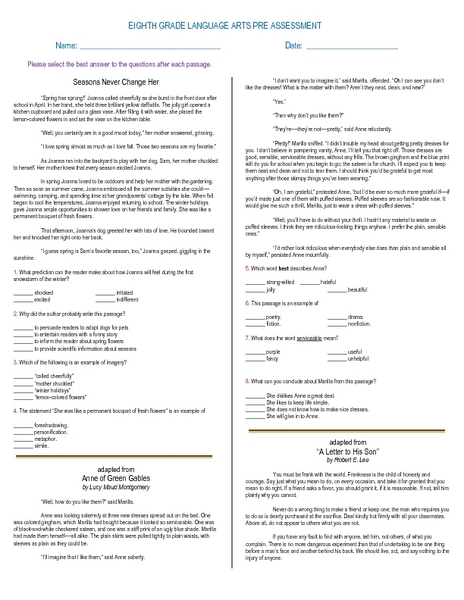 Printables 9th Grade Language Arts Worksheets eighth grade language arts pre assessment 7th 9th worksheet lesson planet