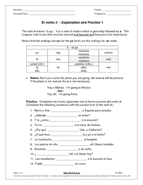 Worksheets Ir A Infinitive Worksheet ir a infinitive worksheet bienvenido el verbo explanation and practice 1 6th 9th grade worksheet