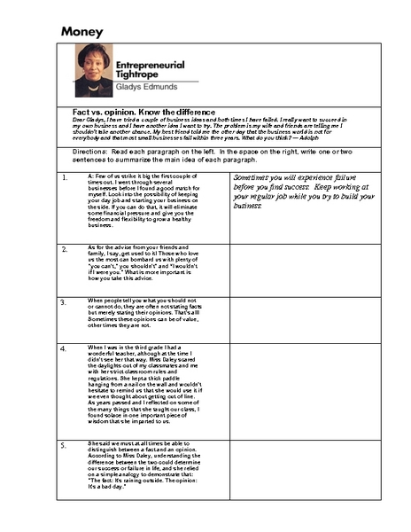 Worksheets Fact Vs Opinion Worksheets entrepreneurial tightrope fact vs opinion 7th 12th grade worksheet lesson planet