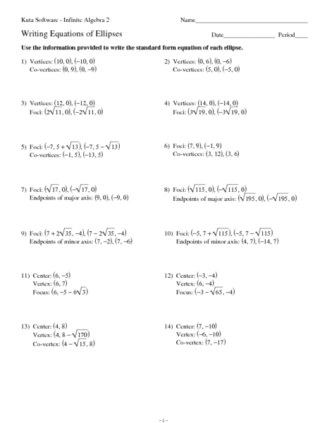 Printables Ellipses Worksheet equations of ellipses 11th 12th grade worksheet lesson planet