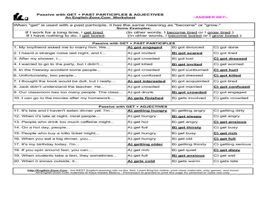 worksheet Participles Worksheet esl passive get and past participles with adjectives 6th 8th grade worksheet lesson planet