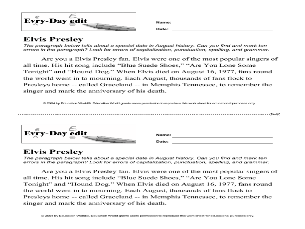 Worksheet Daily Edit Worksheets every day edit elvis presley 8th 10th grade worksheet lesson planet