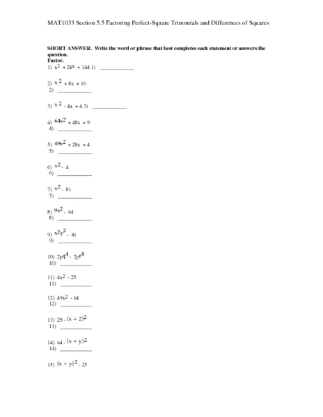 Printables Factoring Perfect Squares Worksheet printables factoring perfect squares worksheet safarmediapps worksheets square trinomials quiz study com print practice